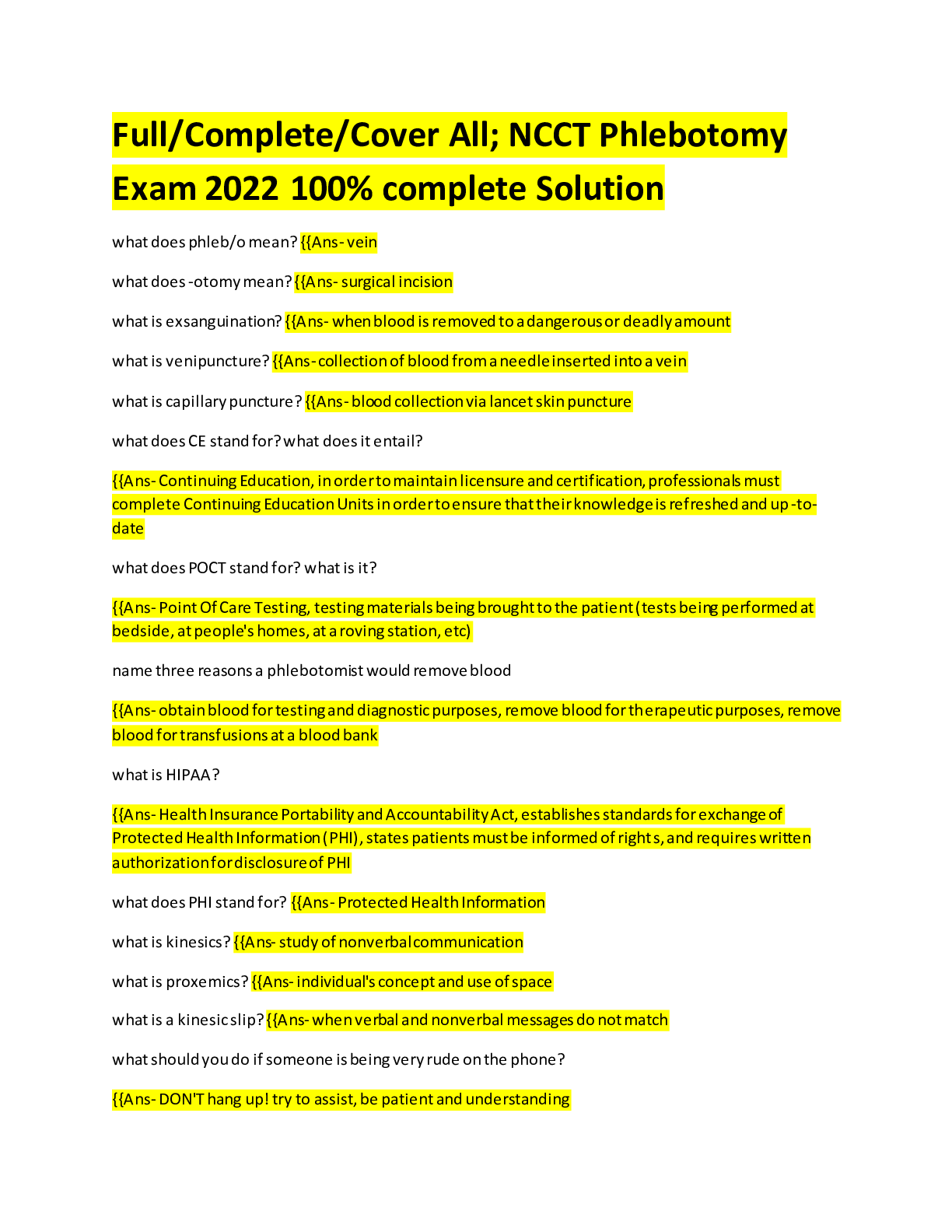 Preview image of NCCT Phlebotomy Exam 2022 100% complete Solution document
